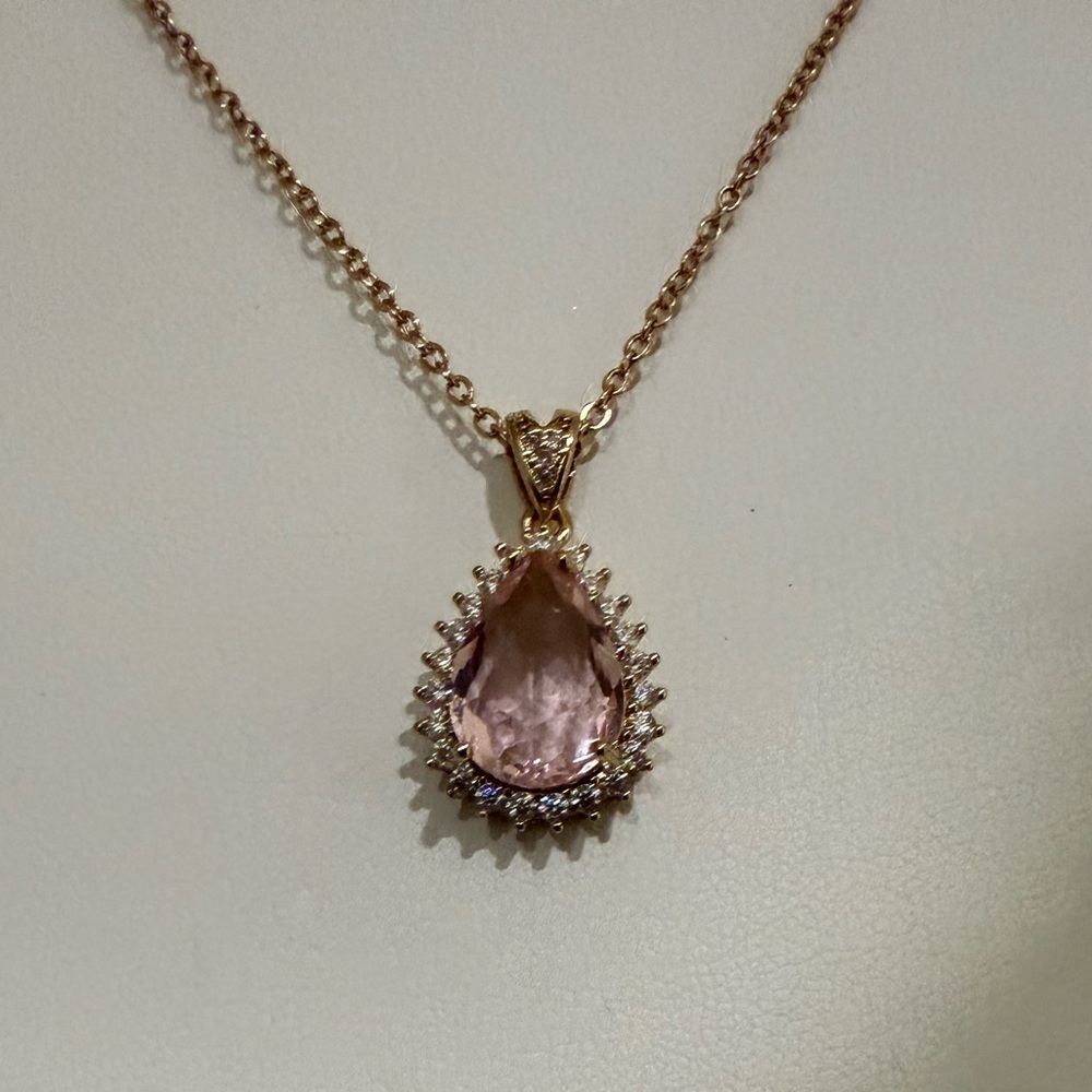 Faux Morganite and CZ Teardrop Pendant on Hold Tone Chain